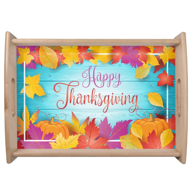Thanksgiving Holiday Fall Gold Maple Leaves Wood Serving Tray (Front)