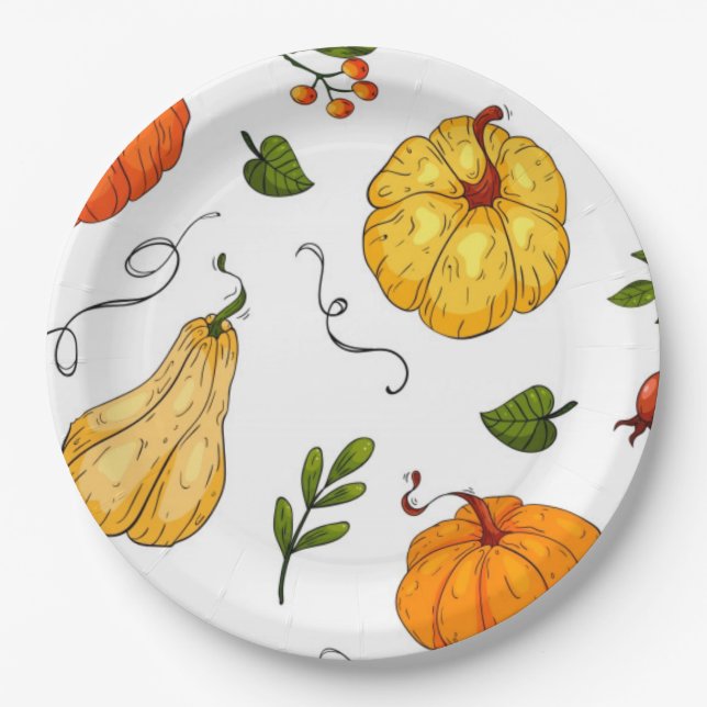 Thanksgiving Holiday Fall Pumpkin Modern Orange Paper Plates (Front)
