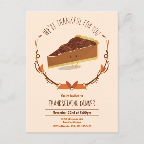 Thanksgiving Holiday Smiling Pecan Pie Tan Brown Invitation Postcard