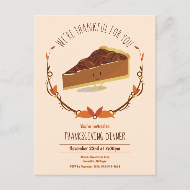 Thanksgiving Holiday Smiling Pecan Pie Tan Brown Invitation Postcard (Front)
