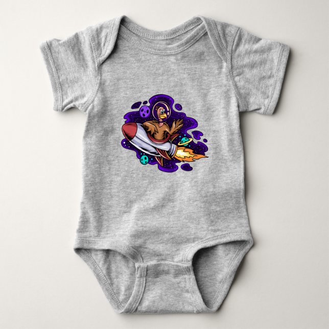 Thanksgiving holiday turkey riding a space rocket baby bodysuit (Front)