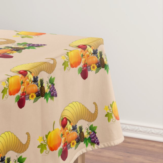 Thanksgiving Horn of Plenty on Light Beige Tablecloth (In Situ)