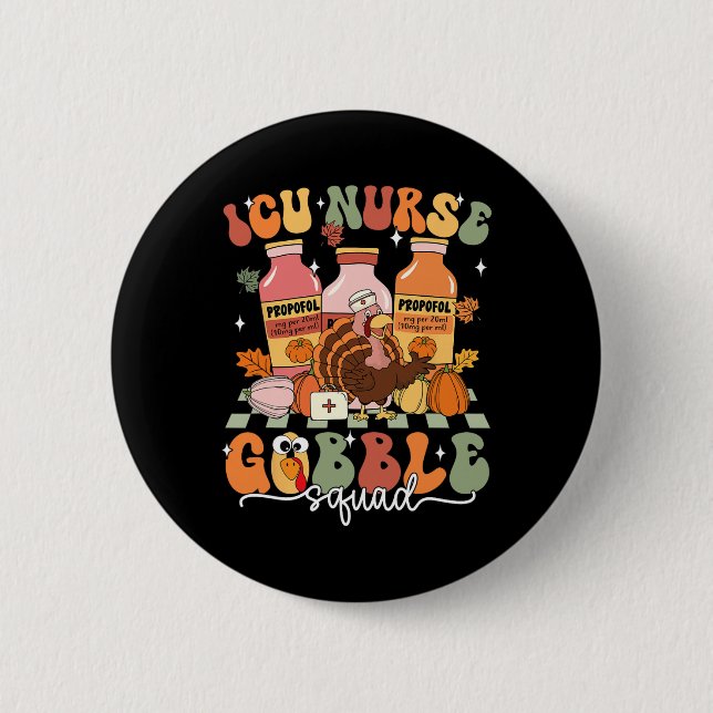 Thanksgiving Icu Nurse Gobble Squad Fall Scrub Top Button (Front)