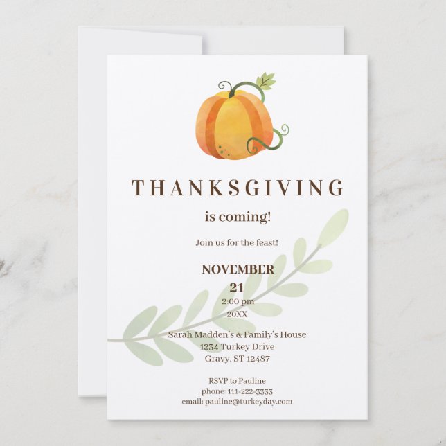 Thanksgiving is Coming! Dinner Pumpkin- Kraft Invitation (Front)