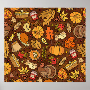 Thanksgiving items: cartoon colorful pattern. poster