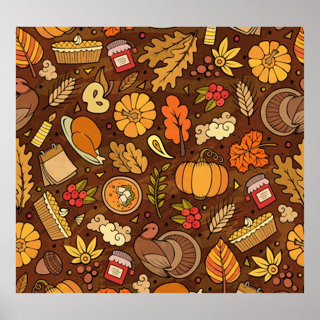 Thanksgiving items: cartoon colorful pattern. poster (Front)