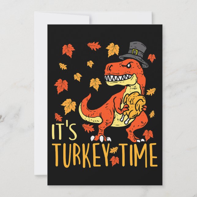 Thanksgiving Its Turkey Time Fall Leaf Dinosaur 1 Invitation (Front)