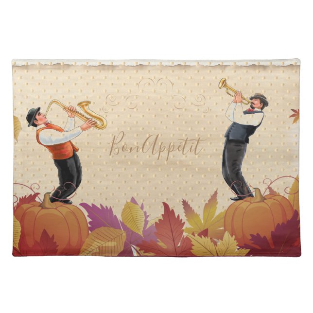 Thanksgiving Jazz Fall Maple Leaves BON APPÉTIT Cloth Placemat (Front)