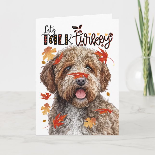 Thanksgiving Lagotto Romagnolo Let's Talk Turkey Holiday Card (Front)
