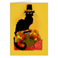 Thanksgiving Le Chat Noir With Turkey Pilgrim Card