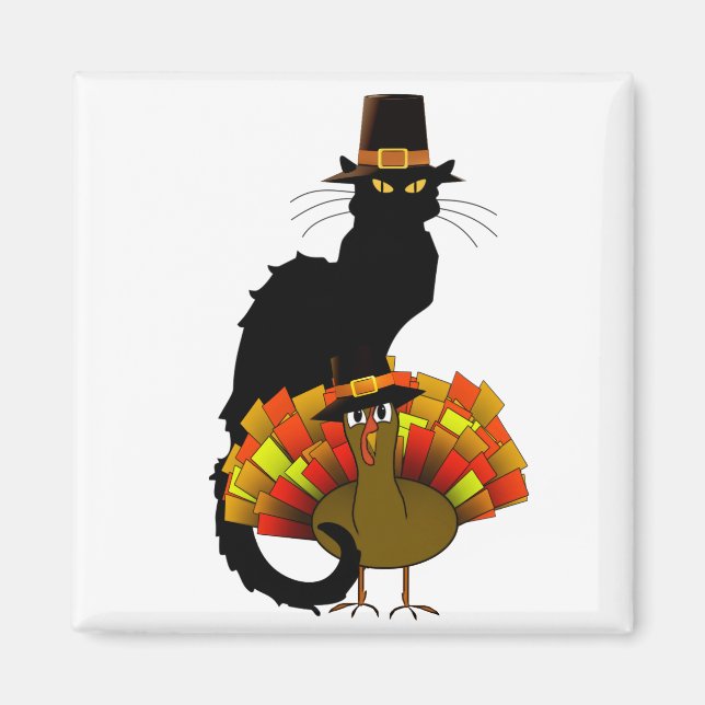 Thanksgiving Le Chat Noir With Turkey Pilgrim Magnet (Front)