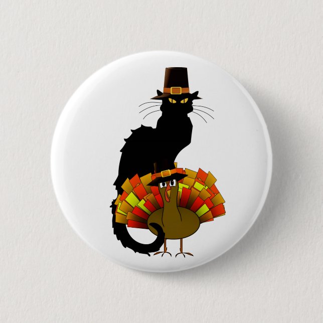 Thanksgiving Le Chat Noir With Turkey Pilgrim Pinback Button (Front)