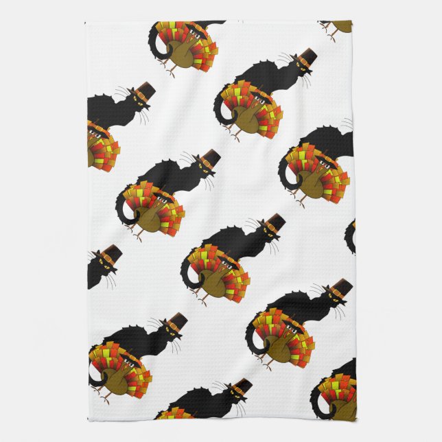 Thanksgiving Le Chat Noir With Turkey Pilgrim Towel (Vertical)