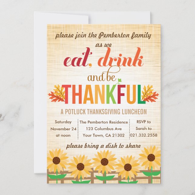 Thanksgiving Lunch Potluck Eat Drink Give Thanks Invitation (Front)