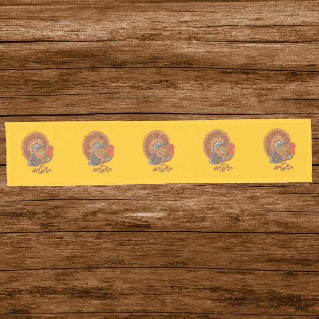 Thanksgiving Male Turkey Colourful Feathers Gold Short Table Runner (Row of male turkeys brown orange feathers on gold table runner for Thanksgiving.)