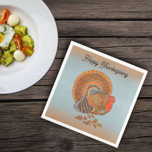 Thanksgiving Male Turkey Fanned Tail Blue Orange Paper Dinner Napkins