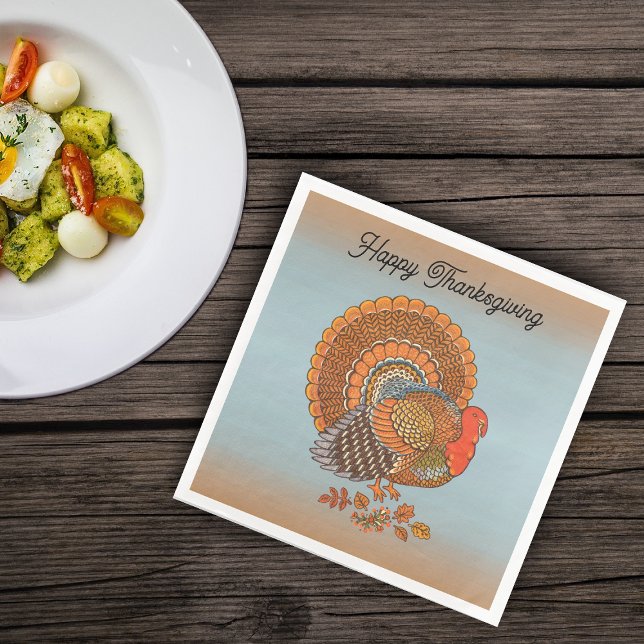 Thanksgiving Male Turkey Fanned Tail Blue Orange Paper Dinner Napkins (Male Turkey fanned tail Autumn leaves on blue burnt orange Thanksgiving paper napkins.)