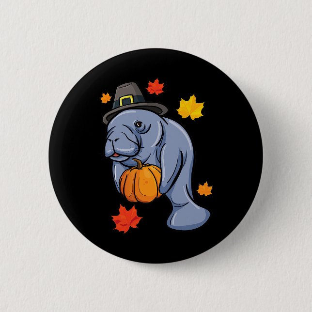 Thanksgiving Manatee Pilgrim Fall Pumpkin Dugong  Button (Front)
