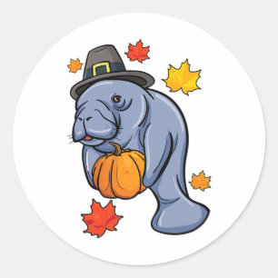 Thanksgiving Manatee Pilgrim Fall Pumpkin Dugong Classic Round Sticker