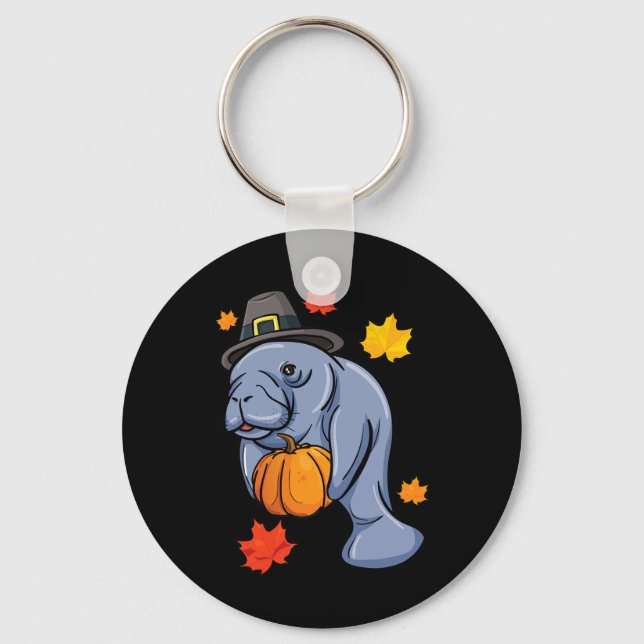 Thanksgiving Manatee Pilgrim Fall Pumpkin Dugong  Keychain (Front)