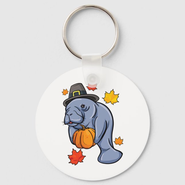 Thanksgiving Manatee Pilgrim Fall Pumpkin Dugong  Keychain (Front)