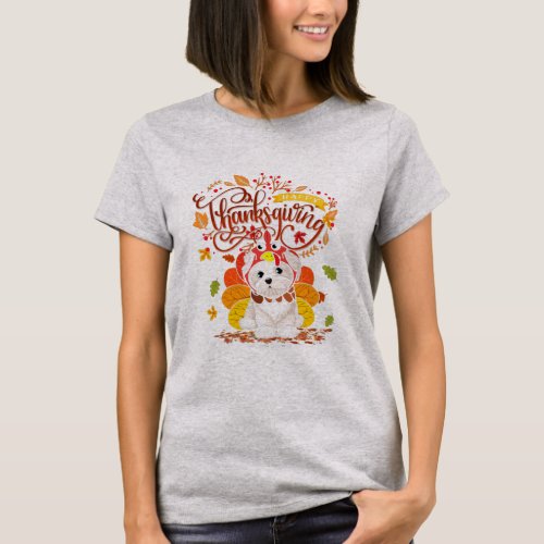 Thanksgiving Maple Leaf Turkey Maltese Dog  T_Shirt