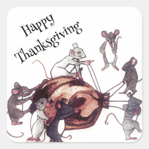 THANKSGIVING MICE STEAL TURKEY SQUARE STICKER
