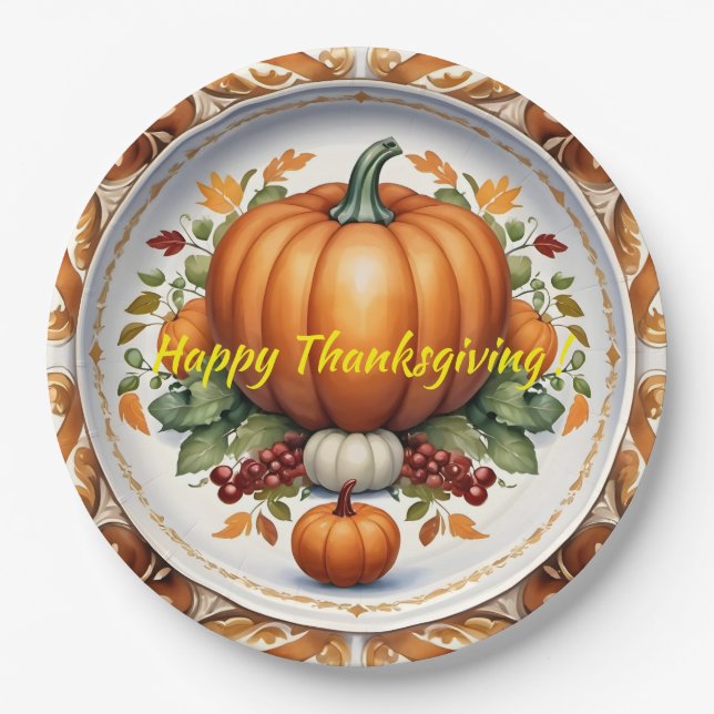 Thanksgiving Modern Pumpkin Autumn Collection Paper Plates (Front)