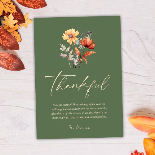 Thanksgiving Modern Rustic Thankful Olive Green Holiday Card