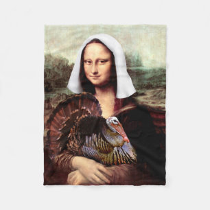 Thanksgiving Mona Lisa Pilgrim with Turkey Fleece Blanket