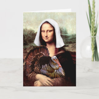 Thanksgiving Mona Lisa Pilgrim with Turkey Holiday Card