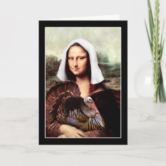 Thanksgiving Mona Lisa Pilgrim with Turkey Holiday Card