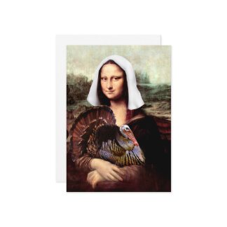 Thanksgiving Mona Lisa Pilgrim with Turkey Holiday Card