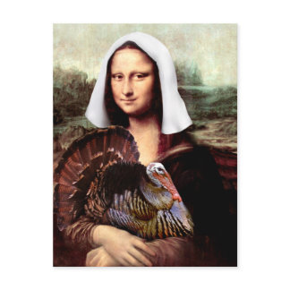 Thanksgiving Mona Lisa Pilgrim with Turkey Holiday Postcard