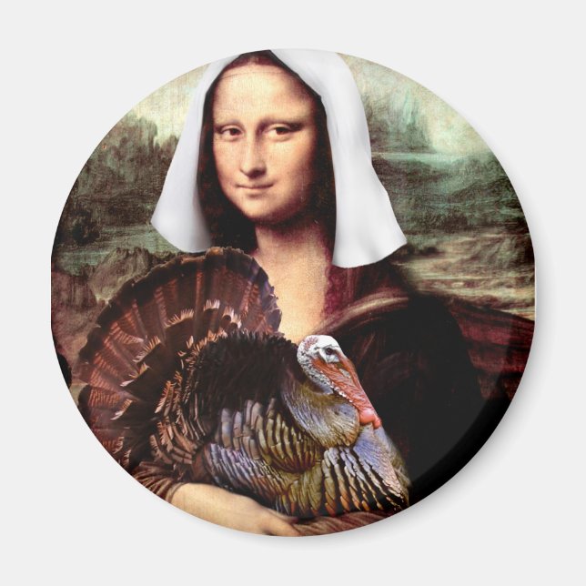 Thanksgiving Mona Lisa Pilgrim with Turkey Magnet (Front)