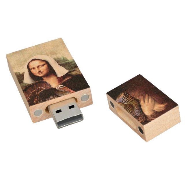 Thanksgiving Mona Lisa Pilgrim with Turkey Wood USB Flash Drive (Angled)