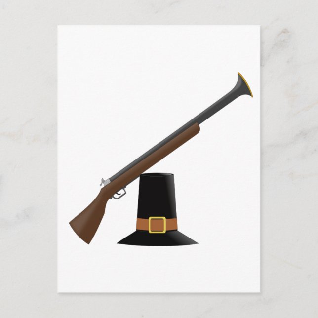 Thanksgiving Musket and Pilgrim Hat (Capotain) Holiday Postcard (Front)