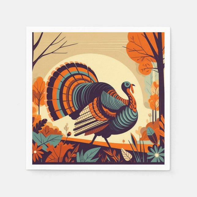 Thanksgiving Napkin with Mid-Century Modern Turkey (Front)