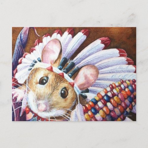Thanksgiving Native American Mouse Watercolor Art Postcard