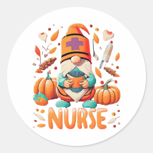 Thanksgiving Nurse Gnomes Fall Scrub Classic Round Sticker (Front)