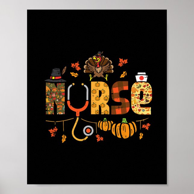 Thanksgiving Nurse Stethoscope Fall Scrub Top Er M Poster (Front)