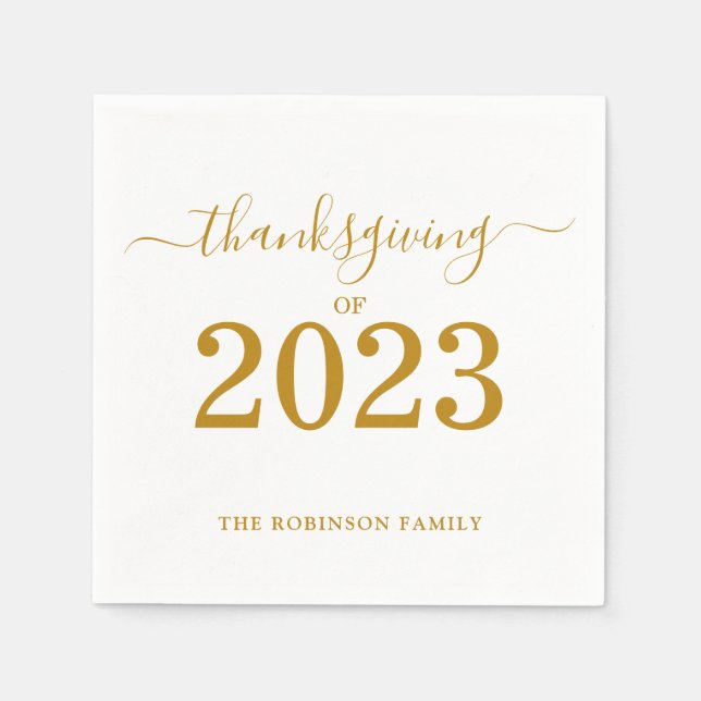 Thanksgiving of 2023 Gold Script Personalized Napkins (Front)