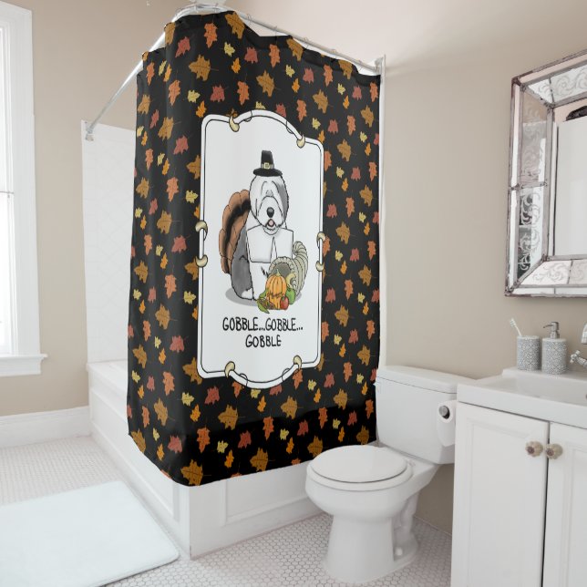 Thanksgiving Old English Sheepdog (Gray 1) Fun Shower Curtain (In Situ)