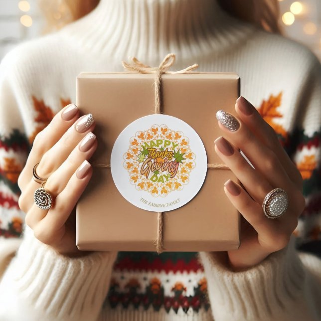 Thanksgiving Orange Bohemian Mandala Autumn Leaves Classic Round Sticker (Creator Uploaded)