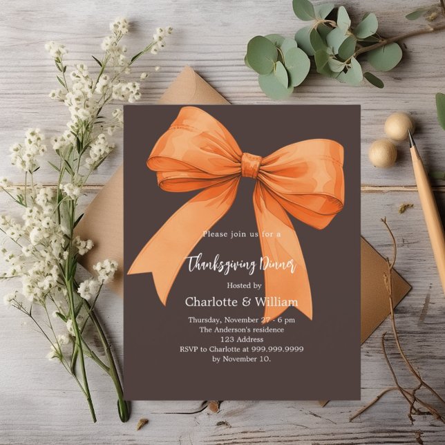 Thanksgiving orange bow bistre brown invitation (Creator Uploaded)