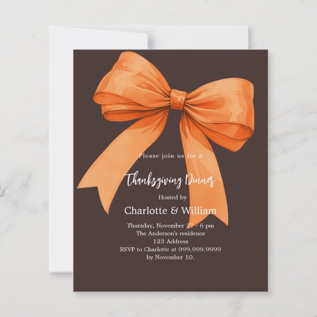 Thanksgiving orange bow bistre brown invitation (Front)