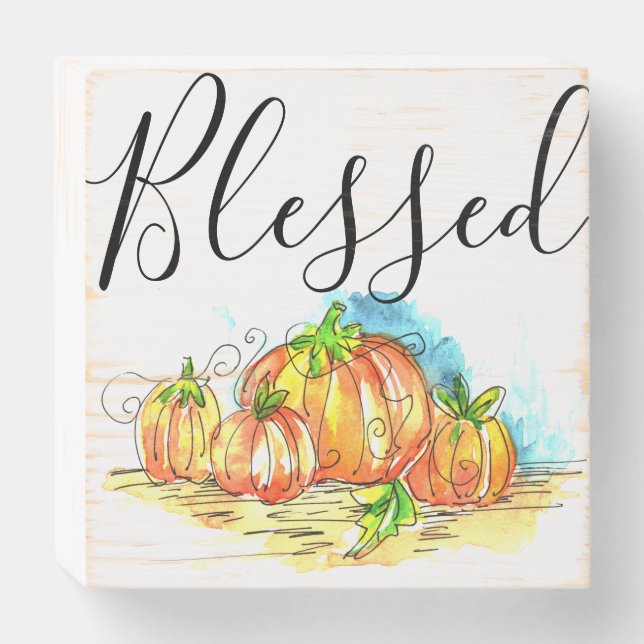 Thanksgiving Orange Pumpkins Blessed Typography Wooden Box Sign (Front Horizontal)