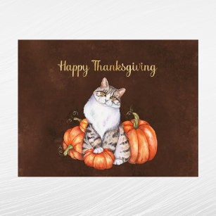 Thanksgiving Orange Pumpkins Cat Holiday Postcard