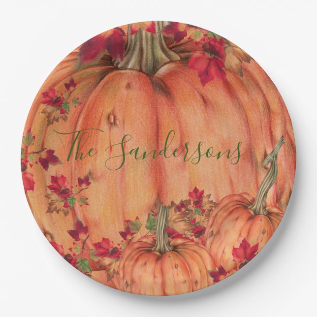 Thanksgiving Orange Pumpkins Fall Leaves     Paper Plates (Front)
