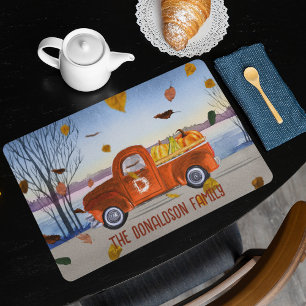 Thanksgiving Orange Pumpkins Truck Autumn Leaves Placemat